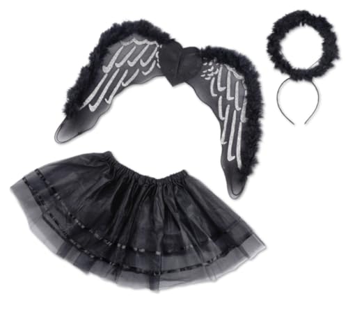 kaiser24 schwarzer Engel Flügel Kostüm 3tlg. Tutu Set Halloween Karneval für Kinder von kaiser24