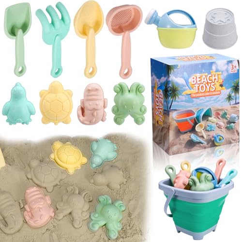 Kaisibum Strandspielzeug Set, 11-teilig mit Faltbarem Eimer, Schaufel, Sandförmchen, Gießkanne, Filter, für Kinder ab 3 Jahren von Kaisibum