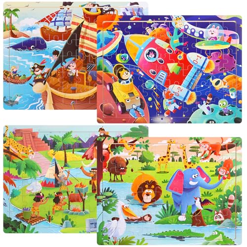 Kaisibum 4 Pack Holzpuzzle Kinder, 4 x 60 stück Kinderpuzzle, Tier Abenteuer Cartoon Puzzle, Kinder Puzzle ab 3 4 5 6 Jahren (30 x 22.5 x 0.4cm) von Kaisibum