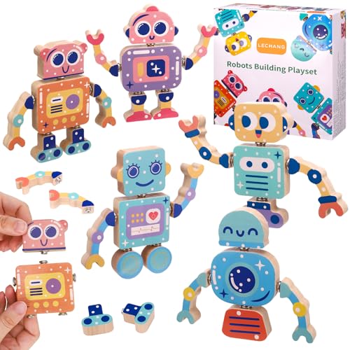 Kaisibum 5 Stück Bauklötze Holz Roboter Bauklötze Spielzeug mit Buttons, Spielzeug ab 3 4 Jahre, Feinmotorik Motorik Konstruktionsspielzeug für Mädchen Jungen von Kaisibum