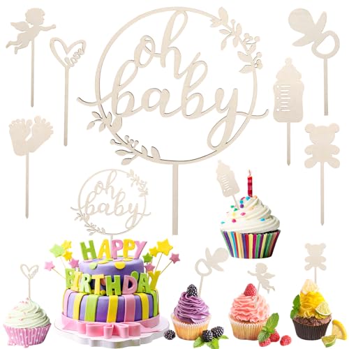 Kaisibum 7 Stück Oh Baby Cake Topper Holz, Windeltorte Mädchen Junge Babyparty Deko, Gender Reveal Partydeko von Kaisibum