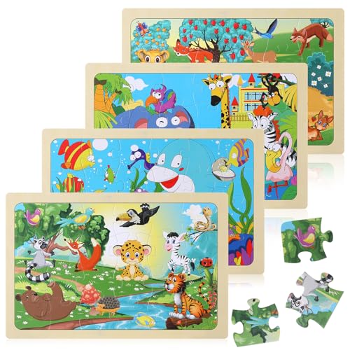 Kaisibum Tiere Puzzle ab 3 Jahre, 4x24 Teilen Holzpuzzle Kinder, Kinderpuzzle Holz Puzzles Kinderspielzeug Geschenke für Jungen und Mädchen （Hai, Elefant, Tiger, Zebra） von Kaisibum