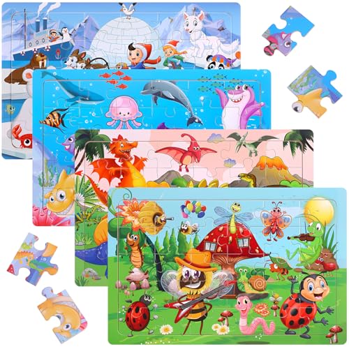 Kaisibum Tiere Puzzle ab 3 Jahre, 4x30 Teilen Holzpuzzle Kinder, Kinderpuzzle Holz Puzzles Kinderspielzeug Geschenke für Jungen und Mädchen (Meerestiere, Dinosaurier, Insekten, arktische Tiere) von Kaisibum