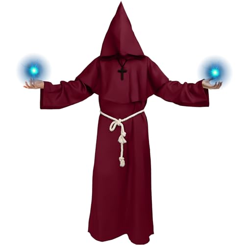 Mönch Kostüm Herren Frauen, Halloween Priester Kostüm Herren, Mönchskutte Pfarrer kostüm mit Kreuz-Halskette und Taillenseil, Mönch Robe Pfarrer Kostümfür Halloween party, Mottoparty und Karneval von Kakamanon