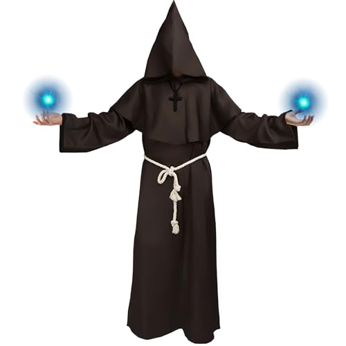 Mönch Kostüm Herren Frauen, Halloween Priester Kostüm Herren, Mönchskutte Pfarrer kostüm mit Kreuz-Halskette und Taillenseil, Mönch Robe Pfarrer Kostümfür Halloween party, Mottoparty und Karneval von Kakamanon