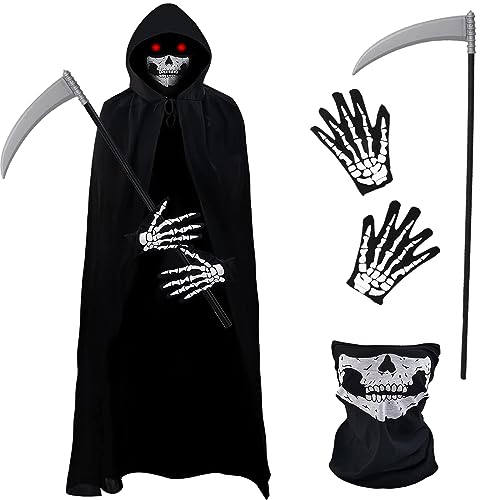 Sensenmann Kostüm, Halloween Sensenmann Umhang mit Kapuze, Halloween Kostüm Sensenmann mit Sense Schädelmaske, Sensenmann Kostüm Herren Kinder für Halloween Party, Cosplay, Karneval Sensenmann Kostüm, Halloween Sensenmann Umhang mit Kapuze, Halloween Kostüm Sensenmann mit Sense Schädelmaske, Sensenmann Kostüm Herren Kinder für Halloween Party, Cosplay, Karneval von Kakamanon