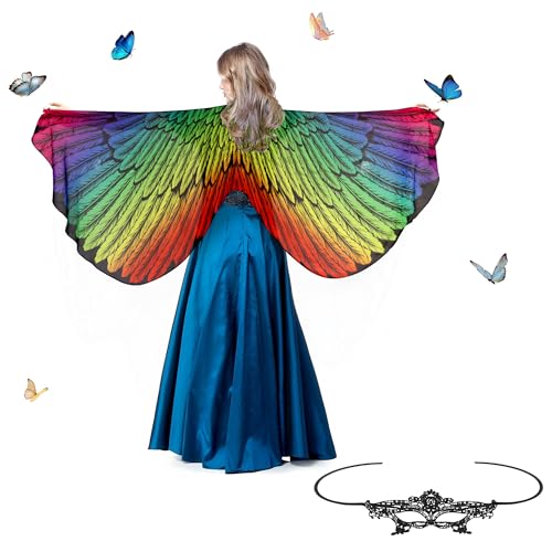 Kaket Vogelflügel-Schal für Frauen, Damen-Umhang mit Maske, Schmetterlingsflügel, Erwachsene, für Halloween, Weihnachten, Party, Cosplay, Tanzen (mehrfarbig) von Kaket