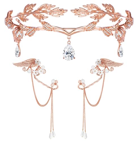 Kakonia Elfenohren Kostüm Zubehör für Frauen Strass Blatt Stirnband Krone für Halloween Cosplay Roségold Kakonia Elfenohren Kostüm Zubehör für Frauen Strass Blatt Stirnband Krone für Halloween Cosplay Roségold von Kakonia