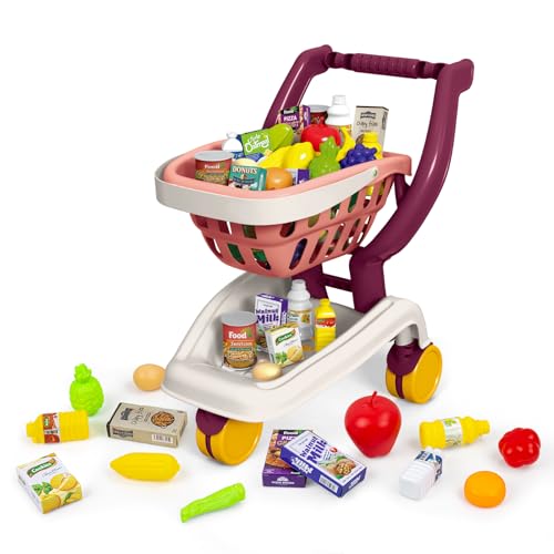 KalaDuck Kinder Einkaufswagen, 35PCS Faltbarer Supermarkt Einkaufswagen, Abnehmbarer Einkaufskorb mit Obst und Gemüse Lebensmittel Zubehör, Rollenspielladen Spielzeug für Jungen Mädchen (Rosa) von KalaDuck