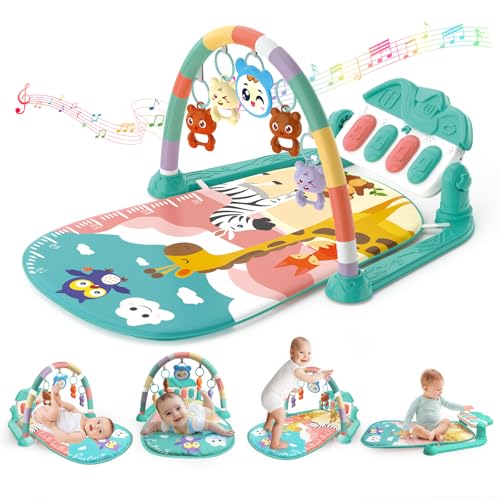 KalaDuck Spielbogen Baby 0-6 Monate, Spielmatte Baby mit Einstellbare Klaviermusik und Rasseln, Lauf- und Aktivität Spieldecke Center ab 0 Monate, Sensorik Spielzeug Krabbelmatte für Babies (Grün) von KalaDuck