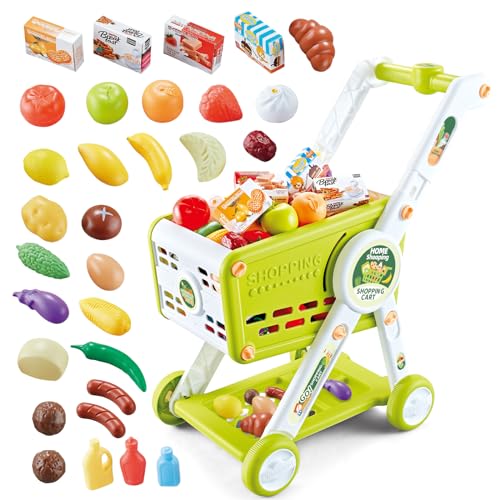 KalaDuck Supermarkt Einkaufswagen für Kinder, 31PCS Einkaufswagen Spielzeug mit Obst Gemüse Kaufladen Zubehör, Rollenspiel Lebensmittel Einkaufskorb Kaufmannsladen Spiele für Jungen Mädchen (Grün) von KalaDuck