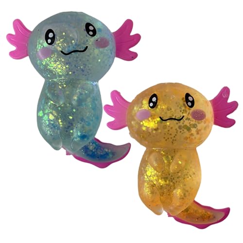 Axolotl Squish Toy, 2pcs tragbare Angst und Stressbekämpfung entzückender lebendiger Glitzer Axolotl Spielzeug für Kinder, Party für Erwachsene, Geburtstagsgeschenke (blau + orange)/4 Zoll von Kalastussaari