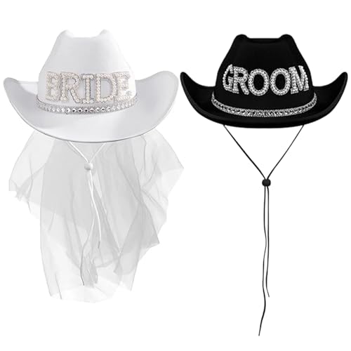 Kalastussaari Braut Cowgirl Hut mit Schleier, Bräutigam und Brauthüte, rassemischem schwarzem Bräutigam -Hut, Nicht gewebter Cowboyhut mit Kinngurt für Frauen Hochzeit Brautdusche Dekoration von Kalastussaari