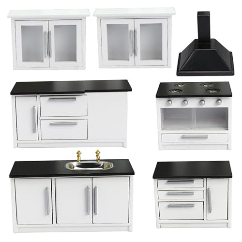 Kalastussaari Dollhouse Küchenmöbel Kit, 7pcs/Set Miniaturen Holzküchenschrank Set, 1 12 Skala Dollhouse Moderne von Kalastussaari