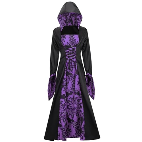 Kalastussaari Hexenkleid für Frauen lang, Vintage besticktes Vampir -Kleid mit Kapuzenkleid für Halloween -Party, Cosplay -Kostüm von Kalastussaari