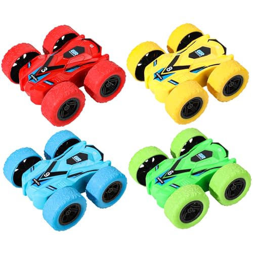 Kalastussaari Ziehen Sie Autos, 4pcs doppelseitige Reibungs-Spielzeugfahrzeuge, schockdes Flip-Autos für Jungen und Mädchen von Kalastussaari