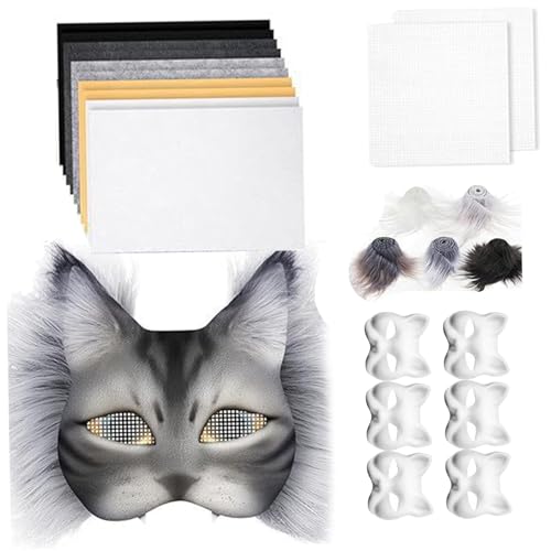 Katzenmasken zum Malen Filz, Tierkatze Maske DIY Set, 18pcs Mask Kit mit Masken, Haaren und Mesh, DIY leer Therian für Maskerade, Make-up-Karneval, Kunsthandwerk für Kinder von Kalastussaari