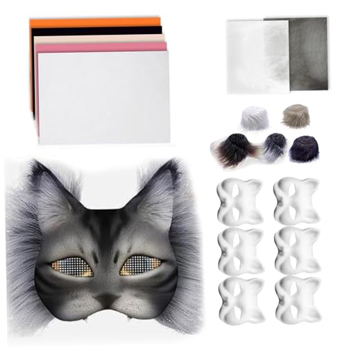 Katzenmasken zum Malen Filz, Tierkatze Maske DIY Set, 23pcs Mask Kit mit Masken, Haaren und Maschen, DIY leer Therian für Maskerade, Make-up-Karneval, Kunsthandwerk für Kinder von Kalastussaari