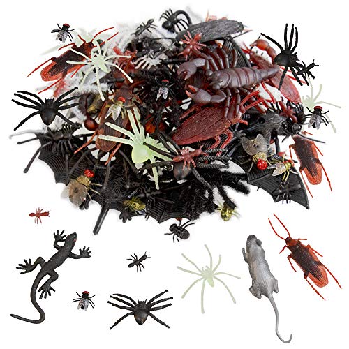 Kalolary 150 Stück Schwarzer Kunststoff Spinnen Käfer Halloween Streich Spielzeug, Realistische Gefälschte Insekten Ratten Fledermäuse Kakerlaken, Kinder Halloween Party Dekoration Gefälligkeiten von Kalolary