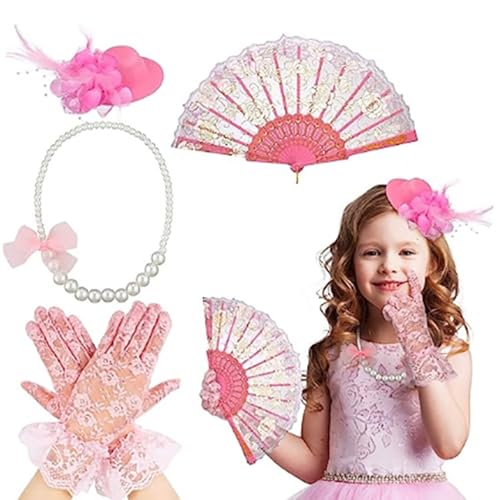 Kalttoy 4-teiliges Teeparty-Kostüm-Zubehör für Mädchen, inklusive Halloween-Fascinator-Hut und kurzen Spitzenhandschuhen, Kunstperlen-Halskette von Kalttoy