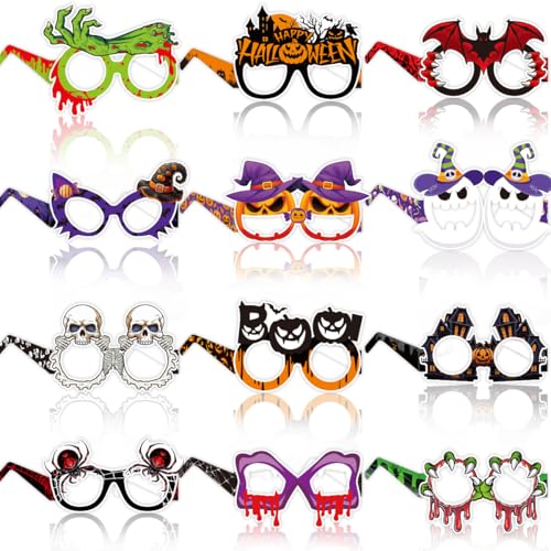 Papierbrillen Halloween-Brillen,12Stk Halloween Partybrillen Set mit Spinne,Zaubererhut,Totenkopf,Fledermaus und anderen Papier-Requisiten für Kinder und Erwachsene Party Deko Foto Requisiten von Kaluofan