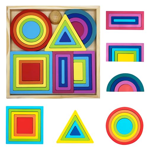 KanCai Regenbogen Holzpuzzle, Montessori Farbform Sortierpuzzles, Geometrie Formen Holzspielzeuge Gehirnspiel Lernspielzeug von KanCai