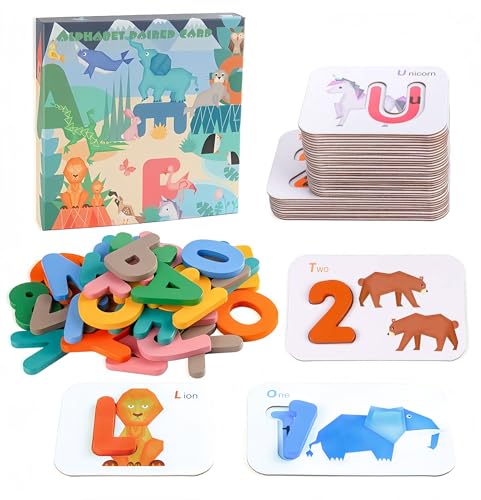 KanCai Zahlen und Alphabete Karteikarten-Set - ABC Holzbuchstaben und Zahlen Animal Card Board Matching Puzzlespiel Montessori Lernspielzeug Geschenk von KanCai