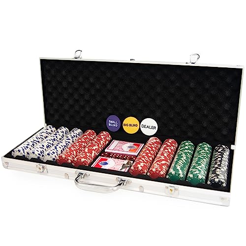 M.Y Texas Hold'em Pokerset – 500-teiliges Set im Aluminiumkoffer mit 11,5 g schweren Pokerchips, 2 Decks Spielkarten, Dealer-, Big Blind- und Small Blind-Buttons und 5 Würfeln von M.Y