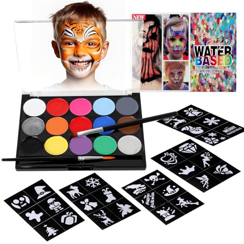 Kinderschminke Set - 15 Farben Schminkpalette, 30 Tattoo-Schablonen, 2 Profi-Pinsel, Face & Body Paint für Kinder und Erwachsene, Hautfreundlich & Leicht abwaschbar für Karneval, Halloween Kinderschminke Set - 15 Farben Schminkpalette, 30 Tattoo-Schablonen, 2 Profi-Pinsel, Face & Body Paint für Kinder und Erwachsene, Hautfreundlich & Leicht abwaschbar für Karneval, Halloween von Kangtaixin