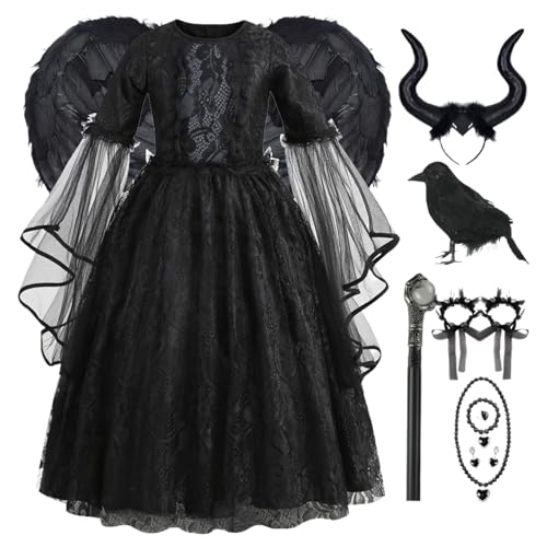 Hexe Kostüm Für Mädchen, Halloween Cosplay Dunkelschwarz Kleids Flügel Kopfstück Krähes Armband Halskette Set Für Mädchen Halloween Karneval Cosplay Partykleid Fasching von Kanoauo