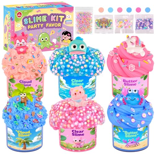 6 Pack Fluffy Slime Kit, Pink & Blue Slime for Kids, Butter Cloud Clear Slime Set Party Favors for Boys Girls Ages 8-12, Soft Sensory Toys Goodie Bag Stuffers, 4-10 Year Old Girl Birthday Gift von Kaoerdce