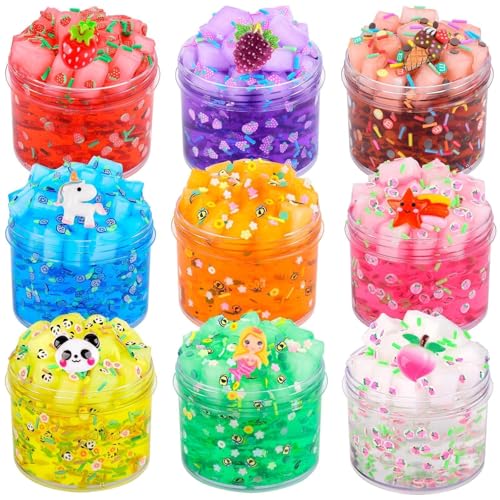 9 Pack Jelly Cube Fluffy Christmas Slime Kit Party Favor, Crunchy Clear Crystal Slime for Girls and Boys, DIY Birthday Boba Glimmer Slime for Kids, Cute Charms Soft Non-Stick Stress Relief Slime Toys von Kaoerdce