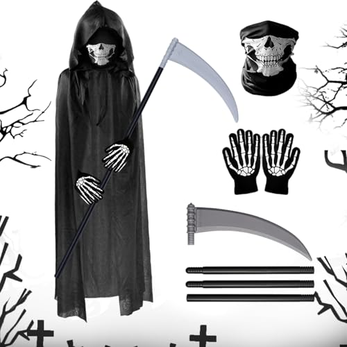 Kapokr 4 Pcs Halloween Kostüm Herren Gruselig Set, Halloween Kostüm Männer mit Kapuze Sense, Gruselige Kostüme für Jungs, Halloween Kostüm Sensenmann 150-180cm Unisex Kapokr 4 Pcs Halloween Kostüm Herren Gruselig Set, Halloween Kostüm Männer mit Kapuze Sense, Gruselige Kostüme für Jungs, Halloween Kostüm Sensenmann 150-180cm Unisex von Kapokr