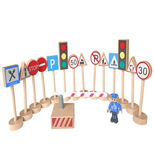 Kaptin 16-teiliges Mini-Holz-Straßenschilder-Spielset, Verkehrszeichen-Set, Rollenspiel-Set, Sicherheits-Lernspielzeug, geeignet zum Unterrichten von Verkehrsregeln, Kindergeburtstagsgeschenk von Kaptin