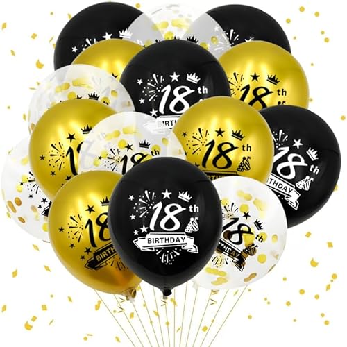 Luftballons 18. Geburtstag, 18 Stück Schwarz Gold 18 Geburtstag Deko Happy Birthday Luftballon 18, Deco Anniversaire 18 Latex Konfetti Bänder Dekorations Luftballons für Party Tisch von Kareeran