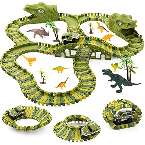 Karids Dinosaurier Spielzeug für Jungen ab 3, 4, 5, 6 und 7 Jahren. Flexibles Rennstrecken Schienen-Set mit Dinosaurier-Geschenke für Mädchen oder Jungen – Einfach zusammenzubauen 200+ Packung von Karids