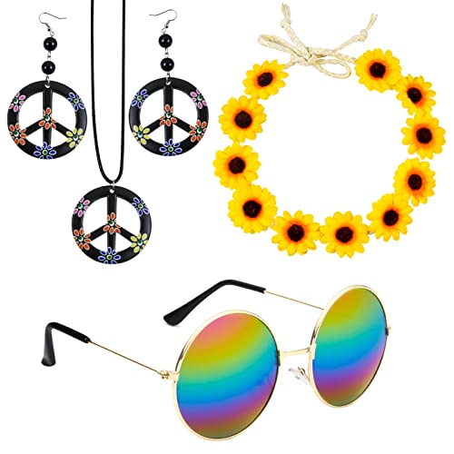 4 Stücke Hippie Kostüm Set, Hippie Accessoires Set Hippie Kostüm Accessoires Enthält Hippie Retro Sonnenbrille Sonnenblumen Hippie Stirnband Friedenszeichen Halskette und Ohrringe für Damen,Herren von Karjiaja