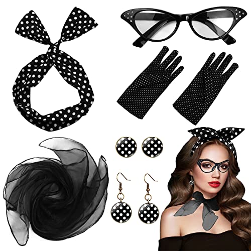 6 Stücke Rockabilly Accessoires Damen, 50er Jahre Kleider Damen Zubehör retro accessoires 50er kostüm 50er jahre damen set chiffon schal katzenauge brille Polka Dot Stirnband Ohrringe Handschuhe von Karjiaja