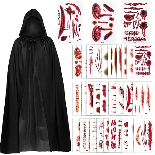 Halloween Umhang mit Kapuze Schwarz Vampir Kostüm mit 30 Halloween Narben Tattoos Darth Vader Kapuzenumhang Mittelalter Umhang Cape Mantel Satin Karneval Umhang Jedi Halloween Kostüm Erwachsene Unisex Halloween Umhang mit Kapuze Schwarz Vampir Kostüm mit 30 Halloween Narben Tattoos Darth Vader Kapuzenumhang Mittelalter Umhang Cape Mantel Satin Karneval Umhang Jedi Halloween Kostüm Erwachsene Unisex von Karjiaja