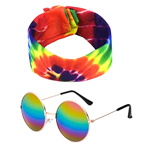 Karjiaja 2 Stücke Hippie Kostüm Set Hippie Accessoires mit 60er Jahre Retro Vintage Brille, Friedenszeichen Halskette Damen und Buntes Hippie Stirnband für 60er 70er 80er Party Verkleiden Zubehörset von Karjiaja