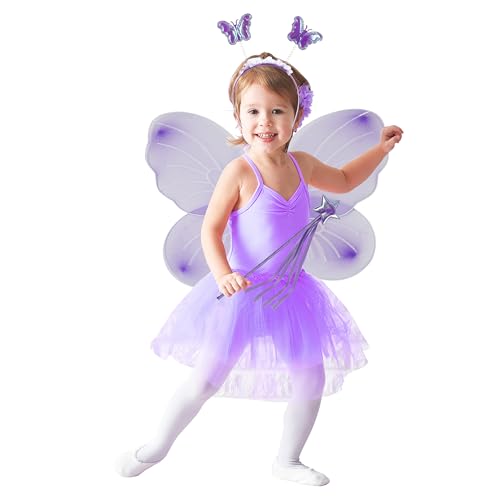 KarneLux Kinder Feen Kostüm Set 4 tlg. für Mädchen - Schmetterling, Prinzessin Verkleidung mit Tütü, Flügeln, Zauberstab und Haarreif für Karneval und Fasching - Alter 3-8 Jahre von KarneLux
