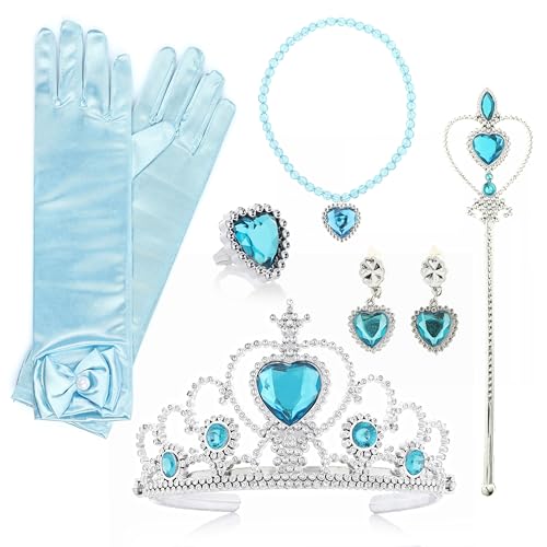 KarneLux Prinzessin Zubehör Set 8 tlg. - Eiskönigin Kostüm Accessoires für Mädchen mit Krone, Zauberstab, Handschuhe und Schmuck für Geburtstag, Karneval und Fasching von KarneLux