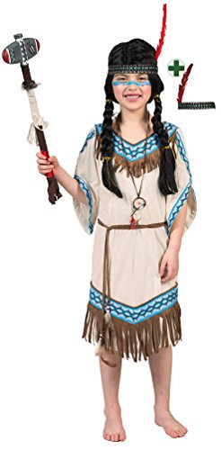 Karneval-Klamotten Indianer Kostüm Kinder Mädchen Indianerin Kostüm Mädchen-Kostüm Squaw Pocahontas beige blau mit Stirnband Karneval von Karneval-Klamotten