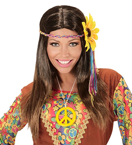 Karneval-Klamotten Kostüm Perücke Hippie Dame braun mit Stirnband und Sonnenblume Zubehör Fasching Karneval von Karneval-Klamotten