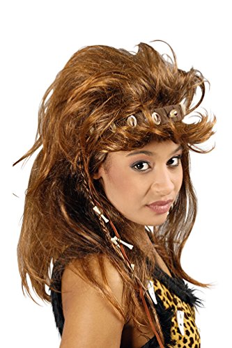 Karneval-Klamotten Neandertalerin Perücke mit Haarreif und Knochen, Braun, Damenperücke, Medium, Polyester von Karneval-Klamotten