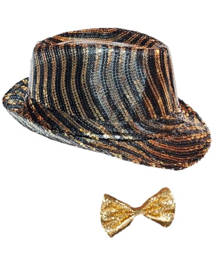 Karneval-Klamotten Pailletten-Hut Disco Schwarz Gold Glitzer Mit Fliege - Silvester Karneval Herren von Karneval-Klamotten