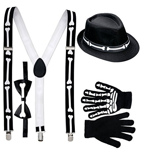 Karneval-Klamotten Skelett Zubehör Set Hut Knochen Hosenträger Skelett Fliege Handschuhe Halloween von Karneval-Klamotten