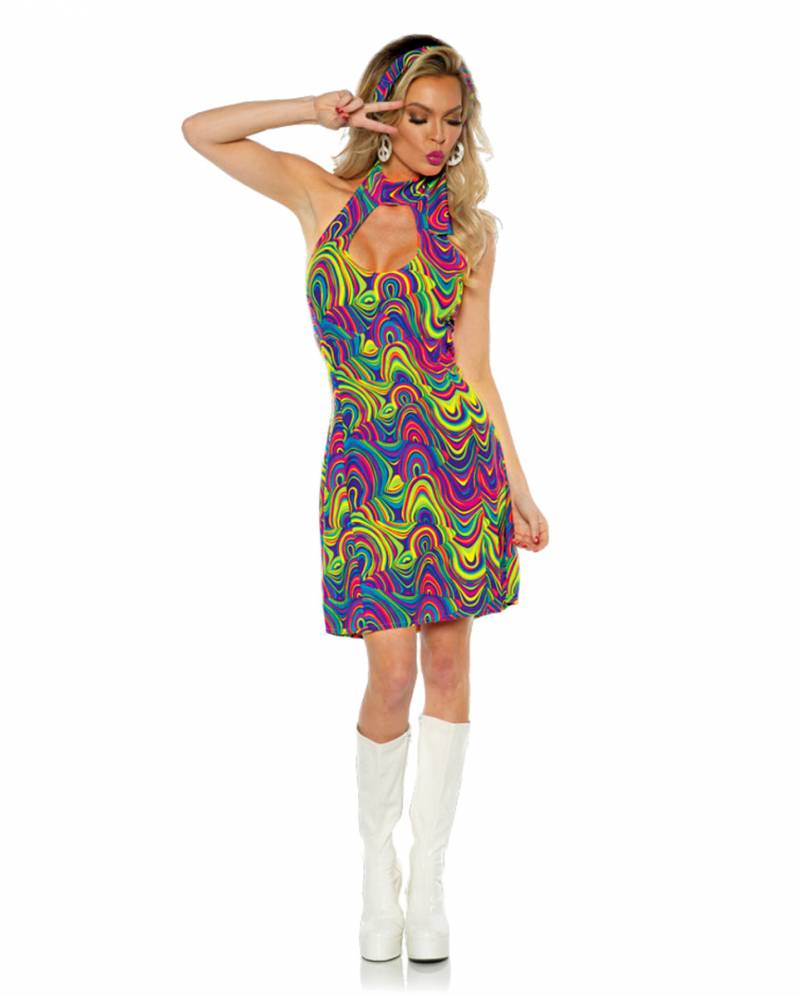 60er Jahre Neckholder Kostümkleid Glow ➔ Hippies XL von Karneval Universe