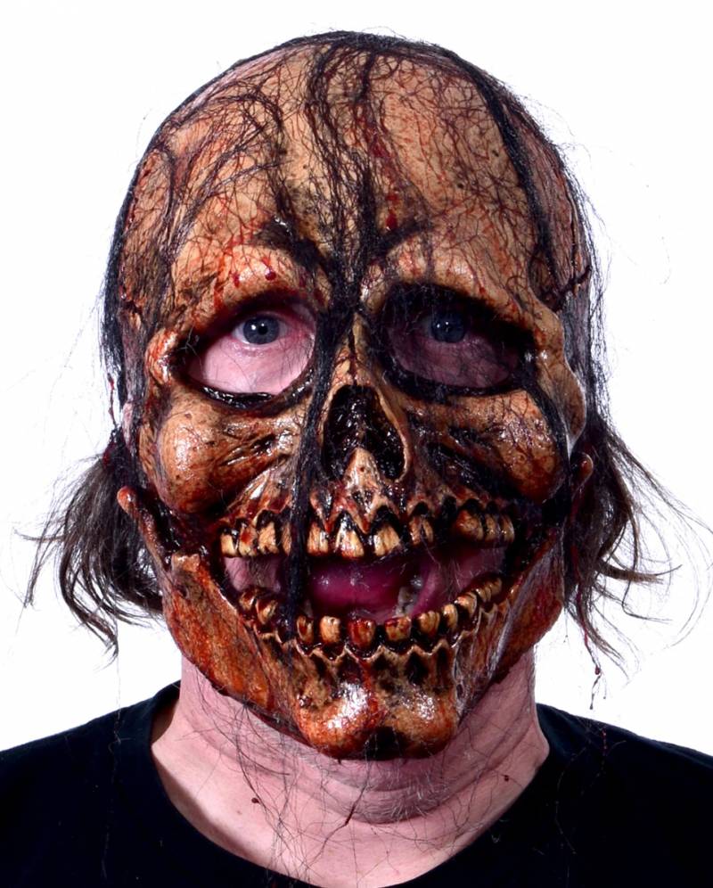 Blutige Totenschädelmaske mit Haaren & beweglichem Unterkiefer ★ von Karneval Universe