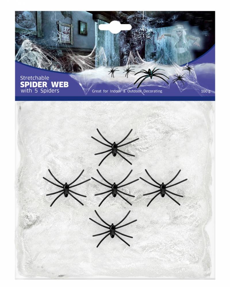 Dehnbare Spinnennetz mit 5 Spinnen als Deko für Halloween von Karneval Universe